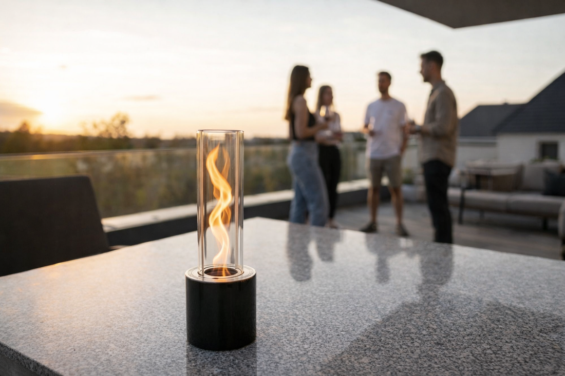 Tabletop fire pit with lit gel fuel flame on outdoor dining table.