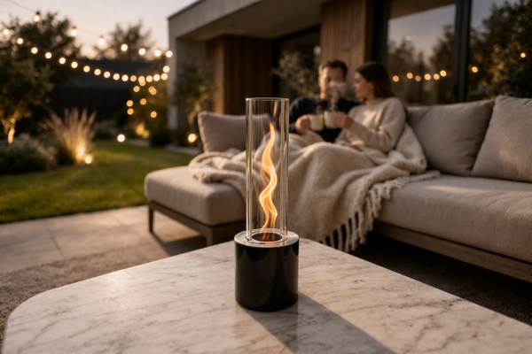 Twisted Flames tabletop fire pit set for a romantic dinner