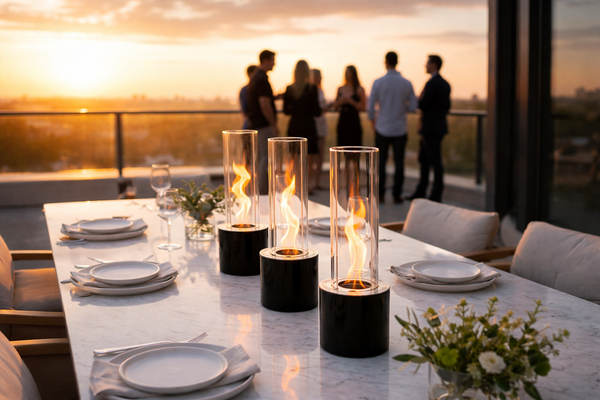 Twisted Flames tabletop fire pit at an outdoor event setting