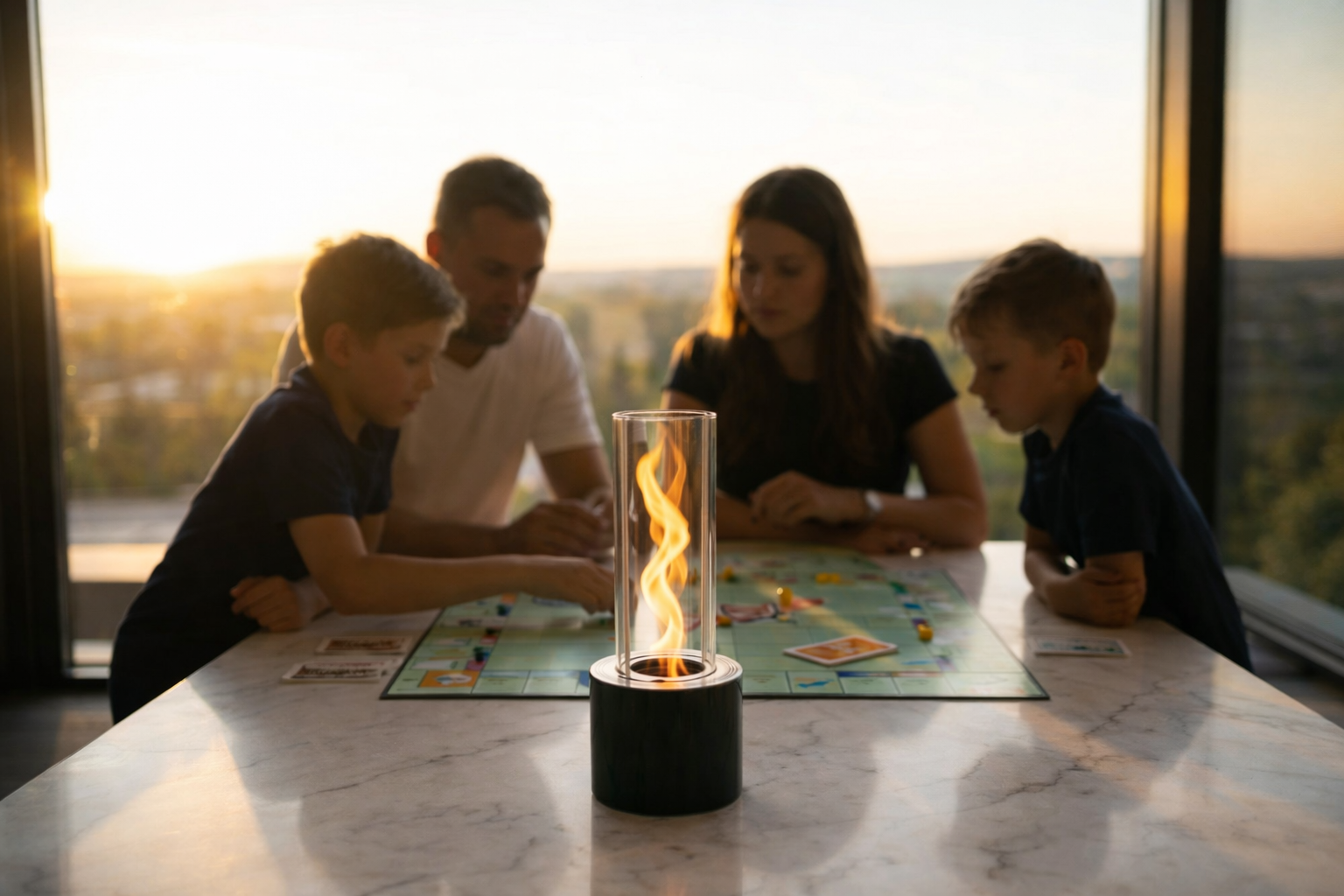 Twisted Flames tabletop fire pit with a vortex flame as a dining-table centerpiece